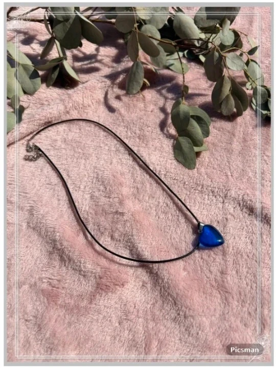 Collier cordon noir coeur bleu marine